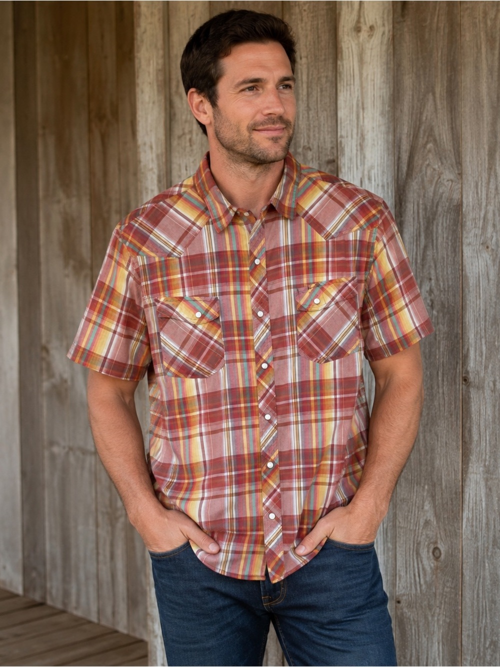 Fossil 54 Men’s Large Plaid Western Pearl Snap Short Sleeve Shirt
